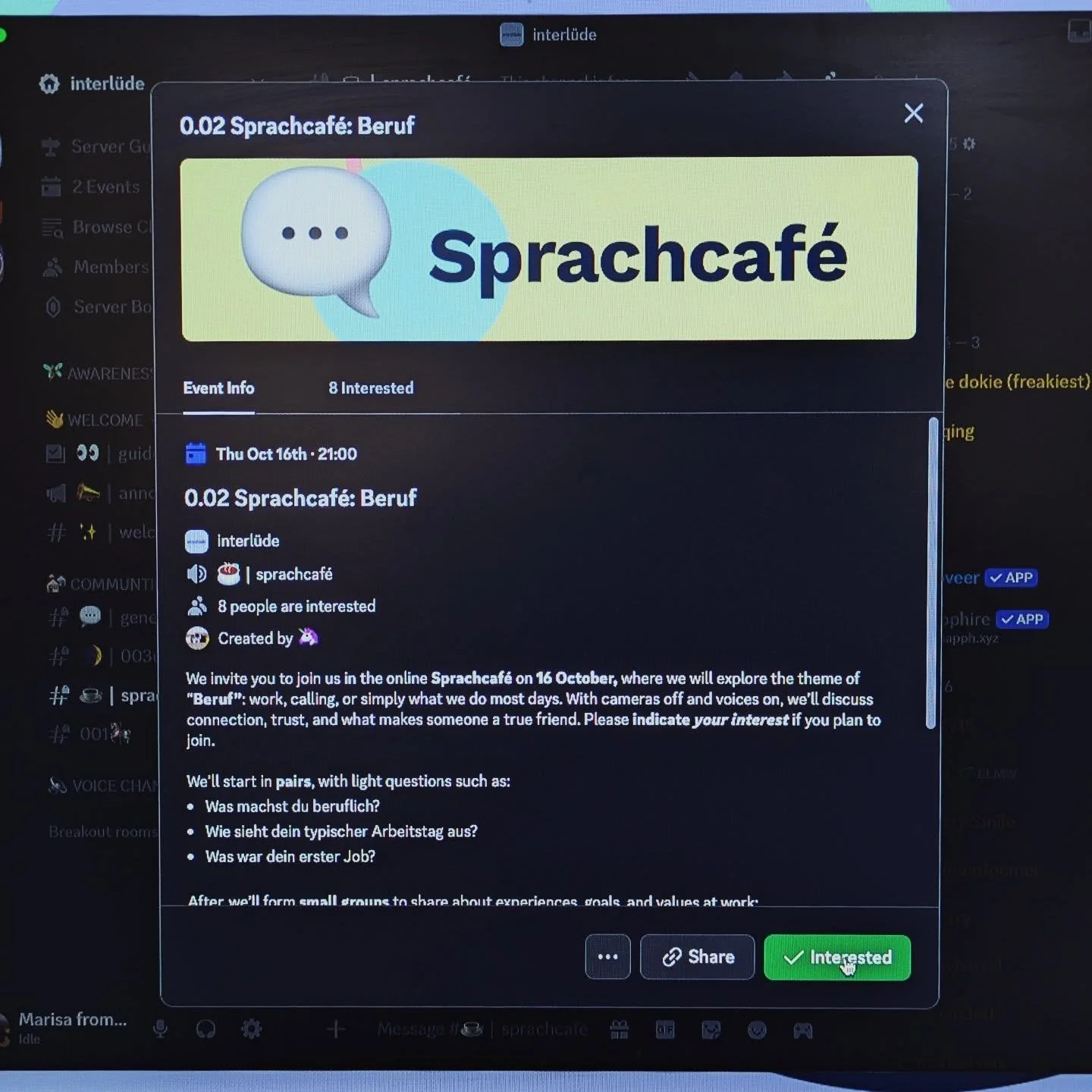 We're getting ready for the next ☕ Sprachcafé, on Thursday. Are you joining?! It's for free. 
DM for access ✨
#onlineworkshop #sprachcafé #learngerman #discord #community #free
