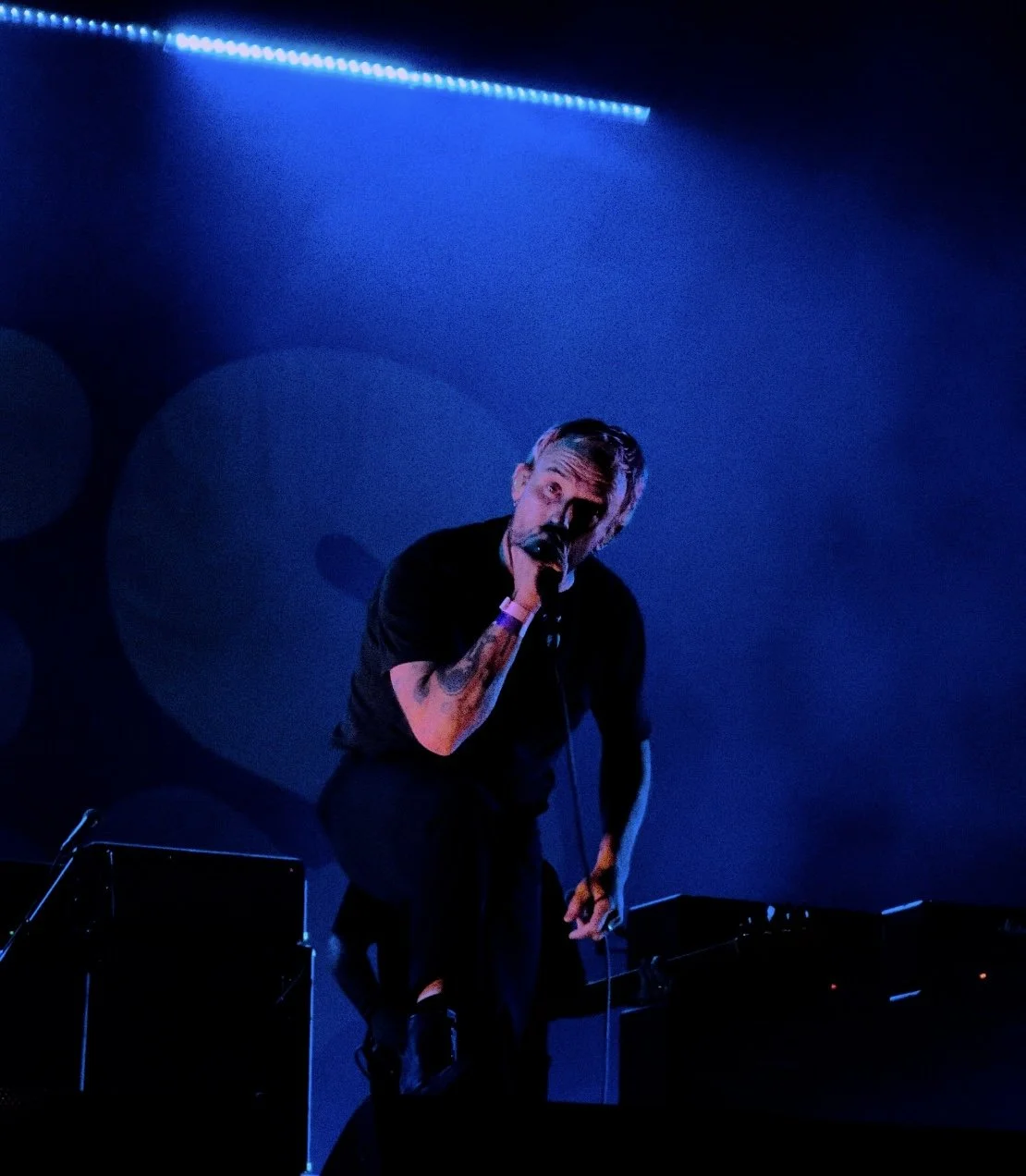A male performer with tattoos on his arms singing into a microphone on stage under blue lighting. IDLES at Truck Festival.