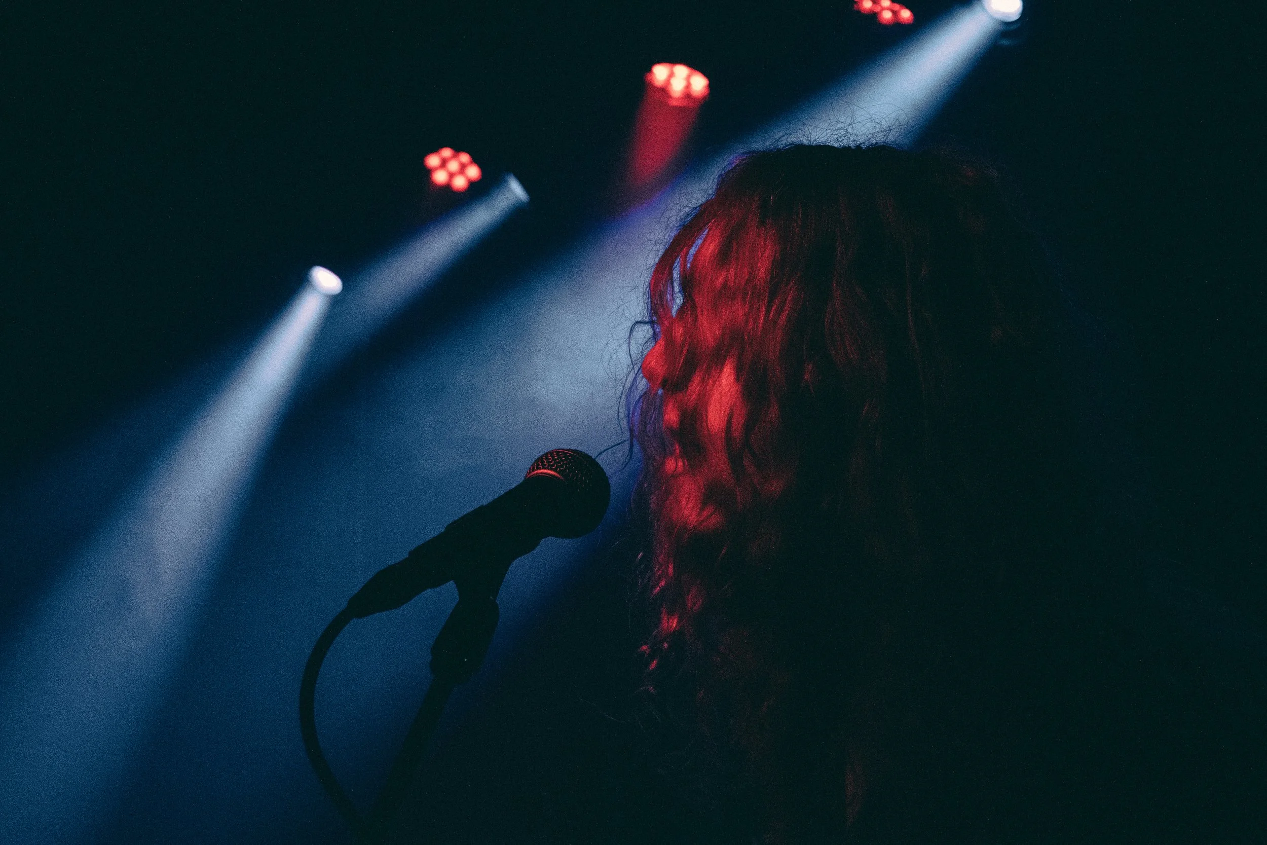 A singer with red hair performing on stage with a microphone, illuminated by stage lights against a dark background.