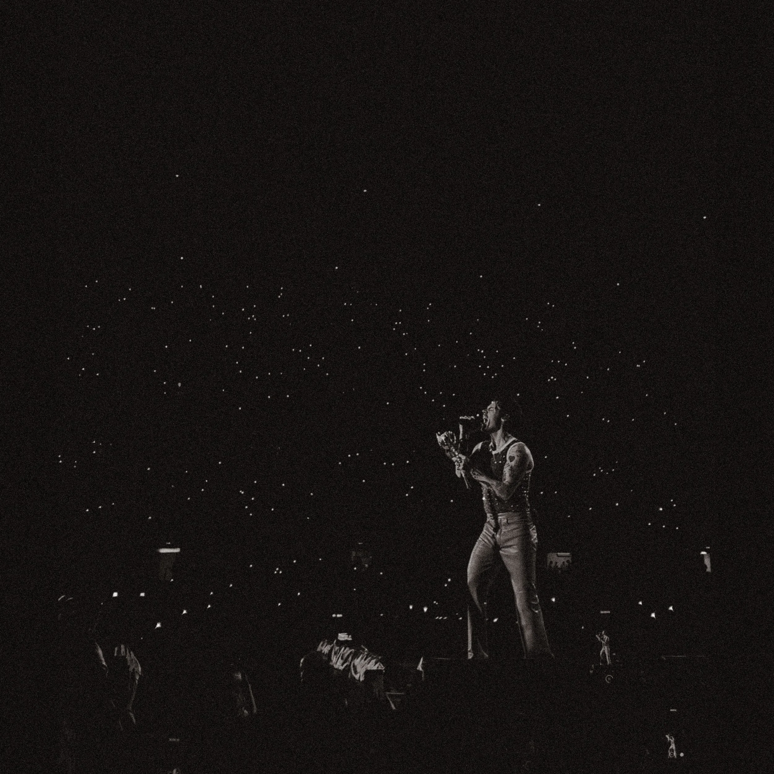 A singer performing on stage at night, holding a microphone, with a starry sky backdrop.
Harry Styles, Love On Tour, Cardiff Night One