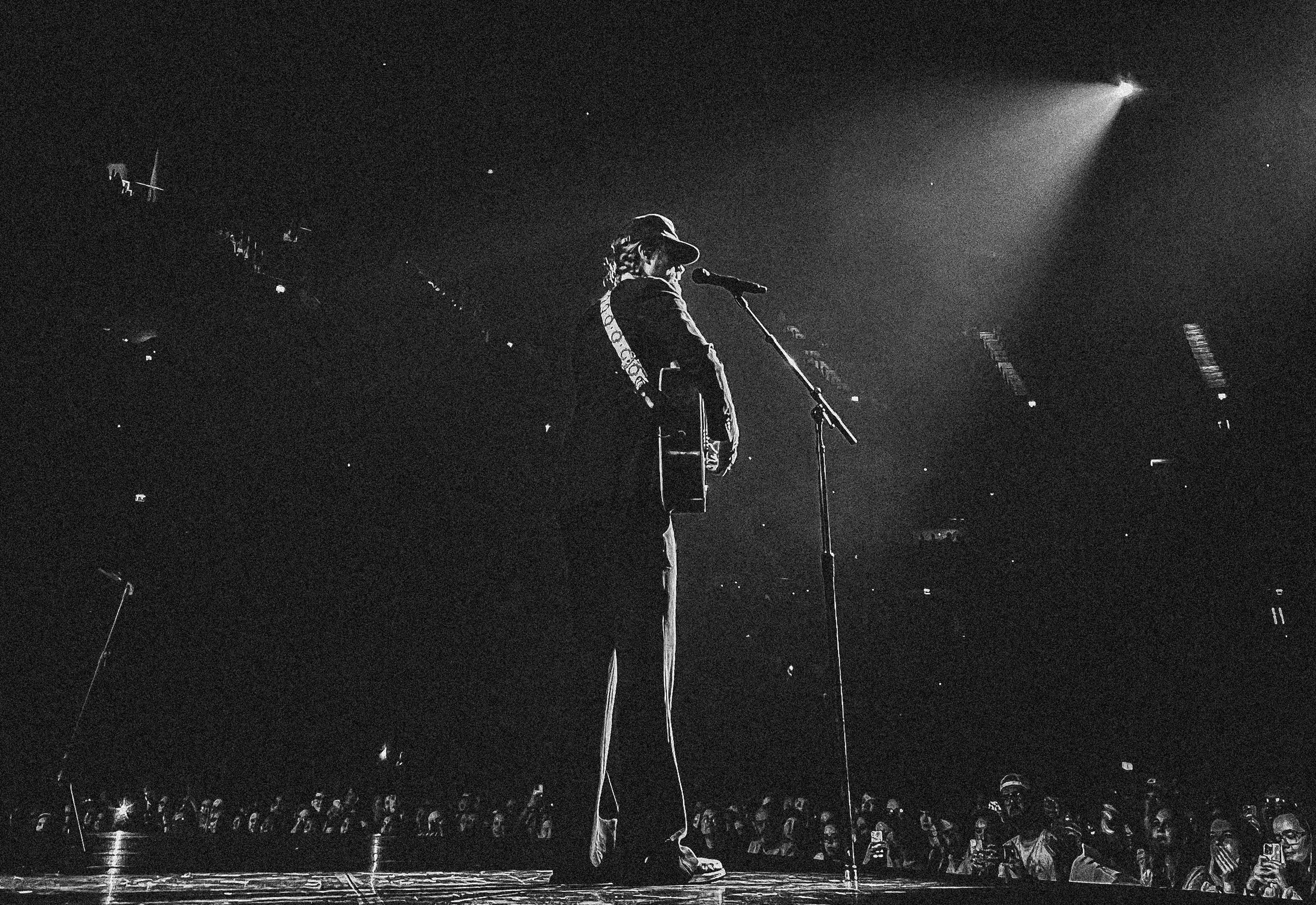 A musician stands on stage with a guitar, singing into a microphone, illuminated by a spotlight, with a large audience visible in front.