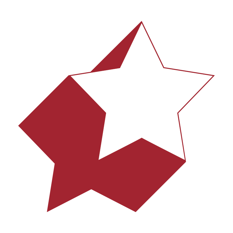 A 3D graphic of a star shape with a smaller star cutout in the middle, and a surrounding ribbon with a shadow effect, all in shades of red and black.