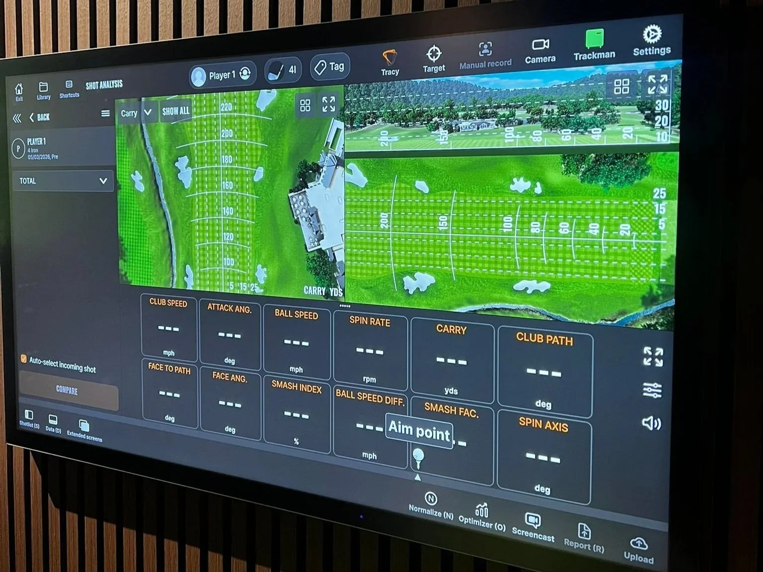 Golf shot analysis screen showing a digital map of a golf course with various measurement overlays, including carry yards, distances, and shot statistics.