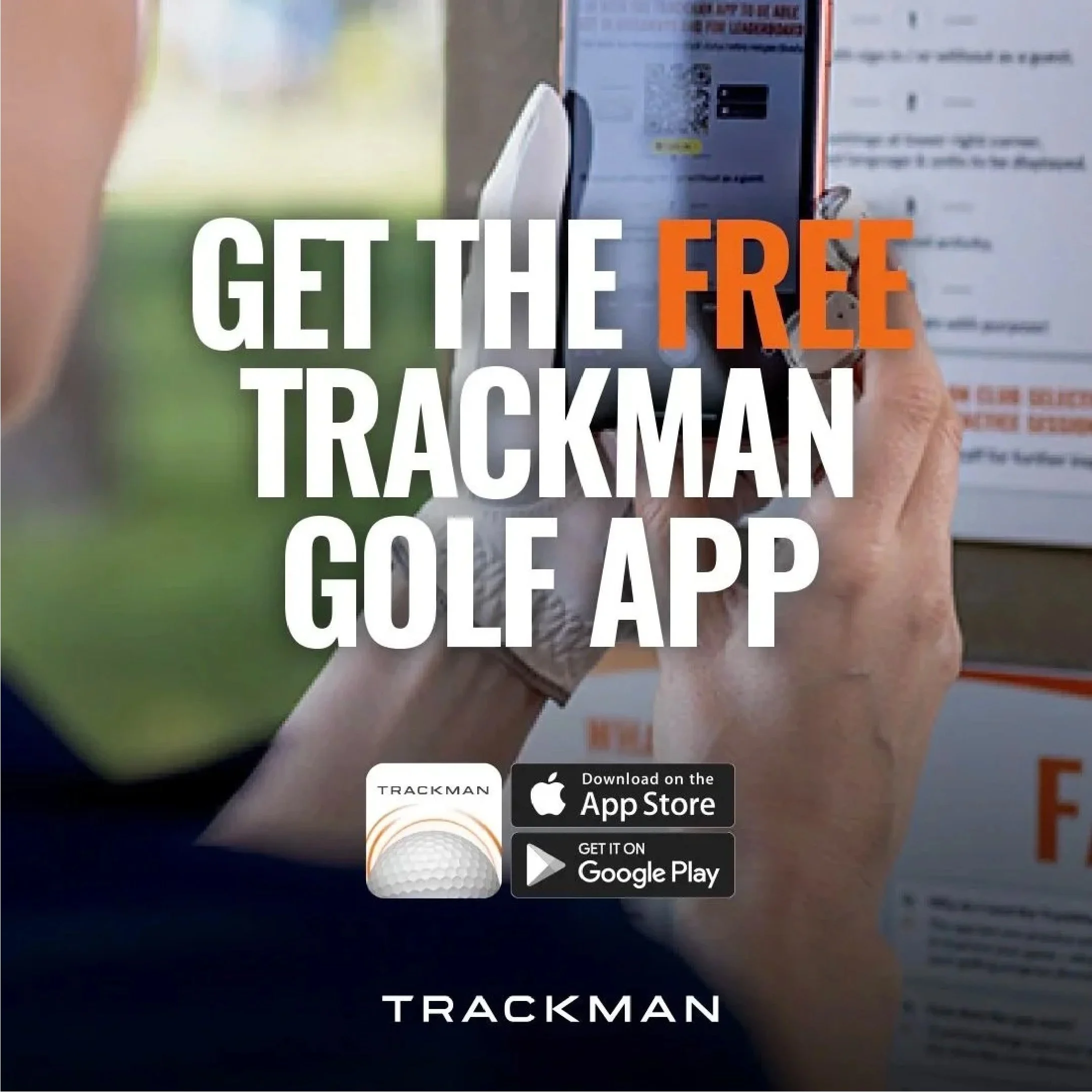 Advertisement for the Trackman Golf App, offering a free download. The background shows a person using a phone or tablet with a blurred outdoor scene, and the app icons for the App Store and Google Play are visible.
