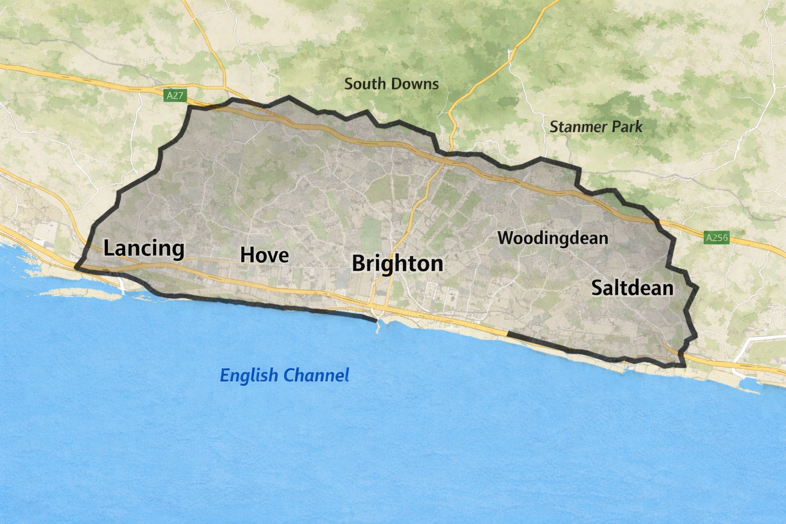 Map of the city of Brighton, England, with neighborhoods Lancing, Hove, Brighton, Woodingdean, Saltdean, and South Downs, bordering the English Channel.