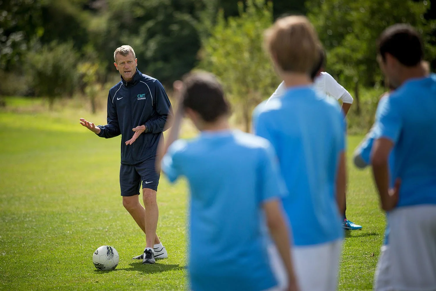 Football coach talking to players