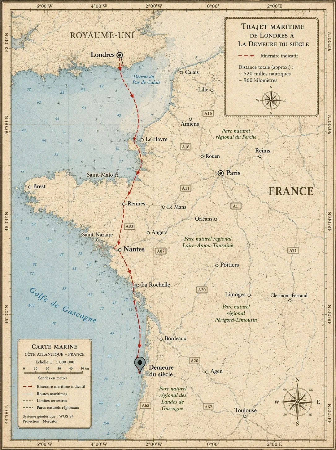 Carte maritime illustrant le trajet maritime de Londres à la Demeure du siècle en France, avec une ligne pointillée rouge indiquant l'itinéraire.