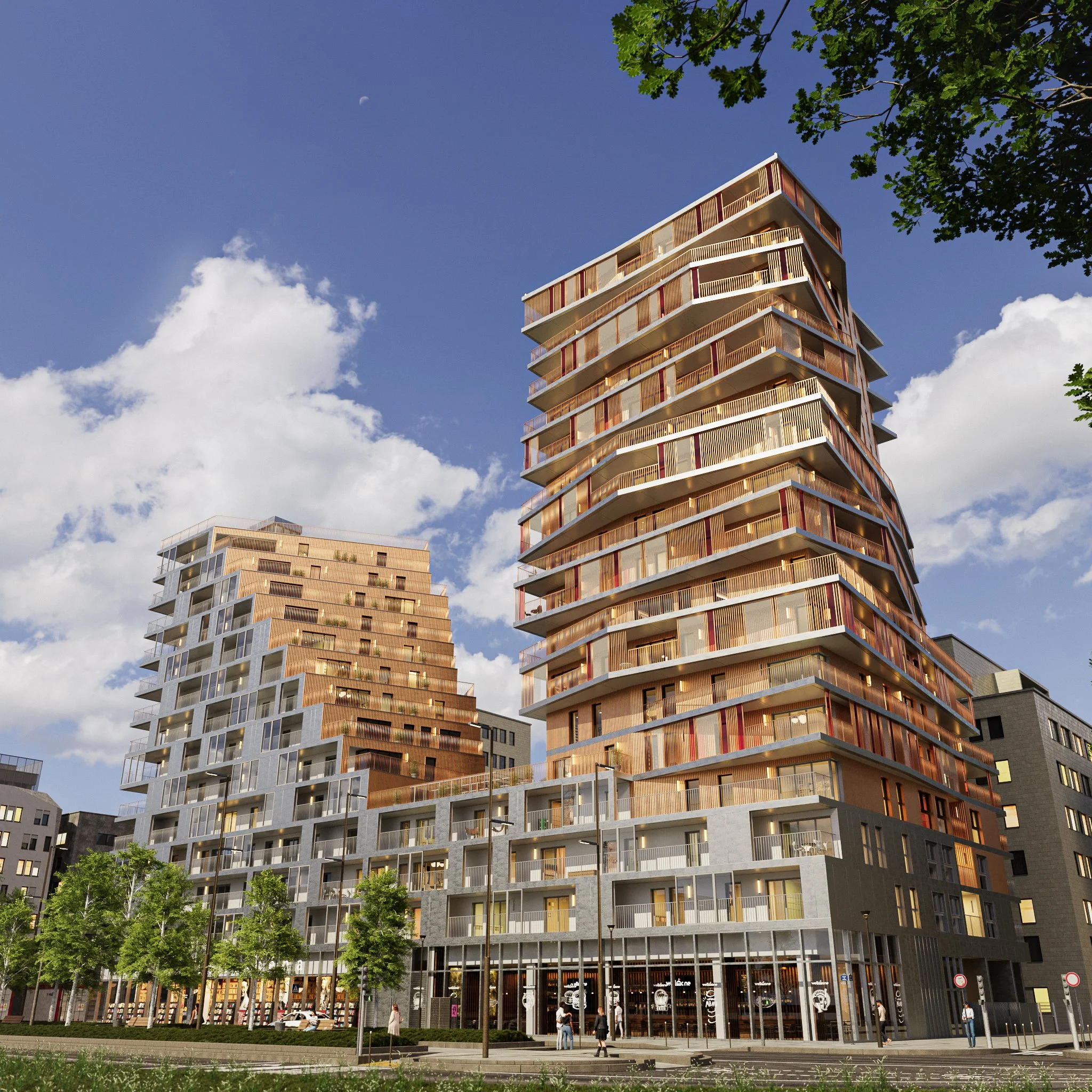 Modern multi-story residential buildings with balconies, large windows, and retail shops on the ground floor, set against a partly cloudy sky with trees and people on the sidewalk.