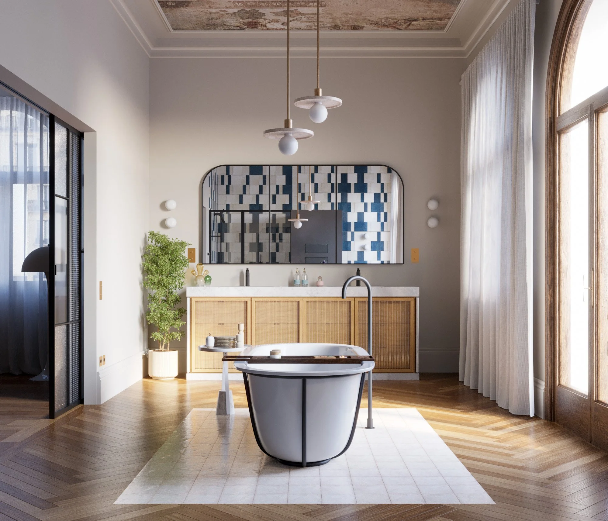 Modern bathroom with freestanding bathtub, wooden vanity with dual sinks, large mirror, pendant lights, potted plant, and floor-to-ceiling window with curtains