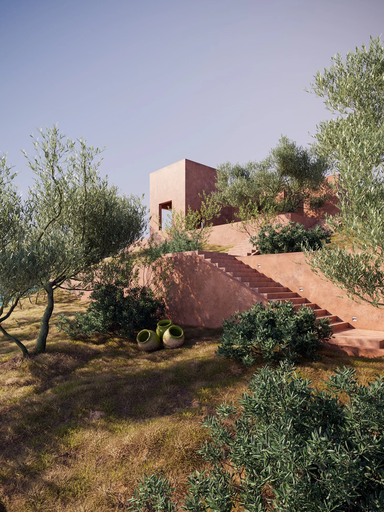 Modern house with pinkish exterior walls, steps leading up to it, surrounded by trees and greenery, with three large pottery jars in the front yard.