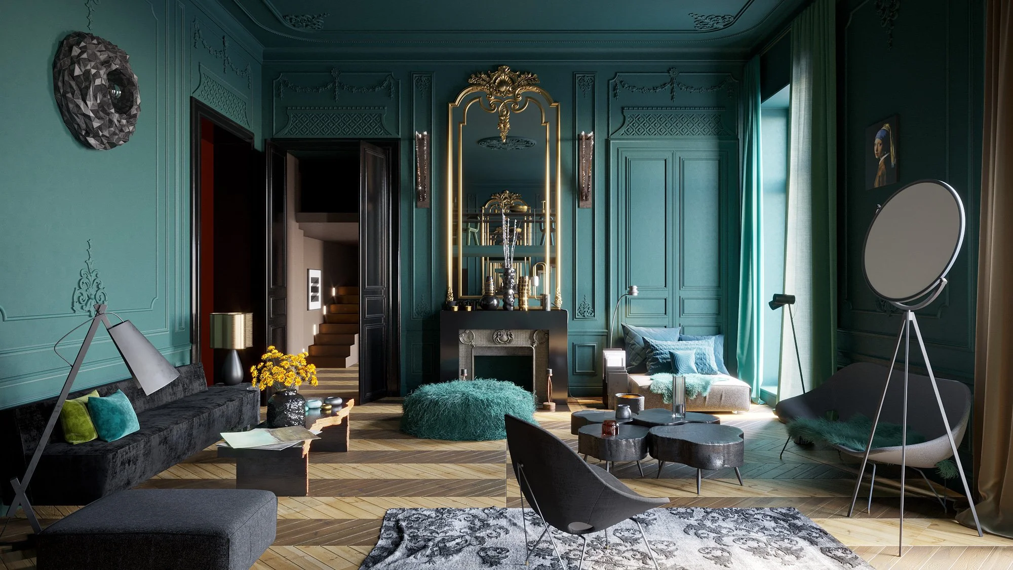 A luxurious living room with teal walls, ornate molding, and high ceilings. Features include modern and vintage furniture, a large mirror above a fireplace, a floor lamp, and a large window with teal curtains, creating an elegant and stylish atmosphe