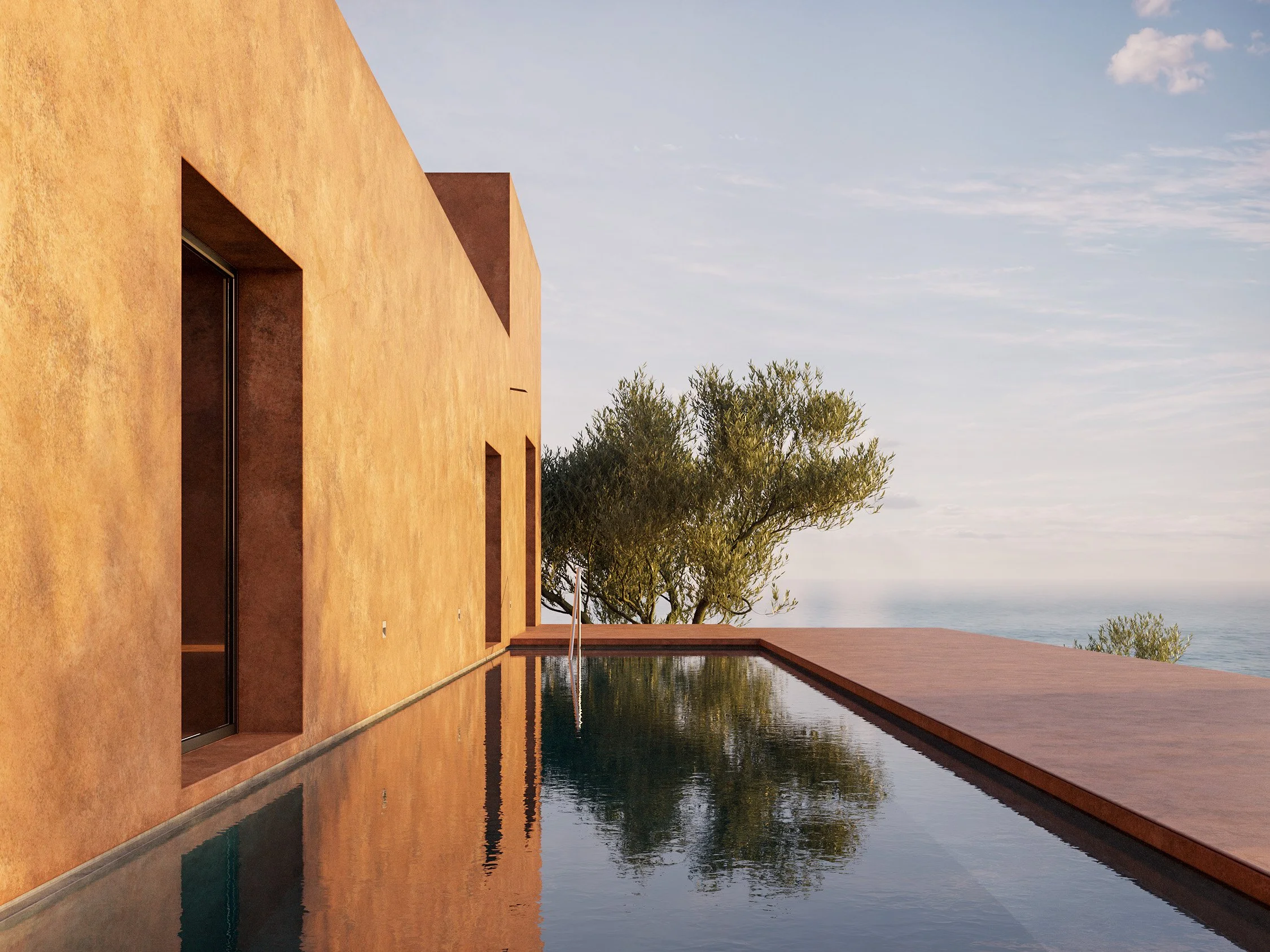 Modern house with an orange exterior, a rectangular pool reflecting the house and sky, and trees in the background under a partly cloudy sky.