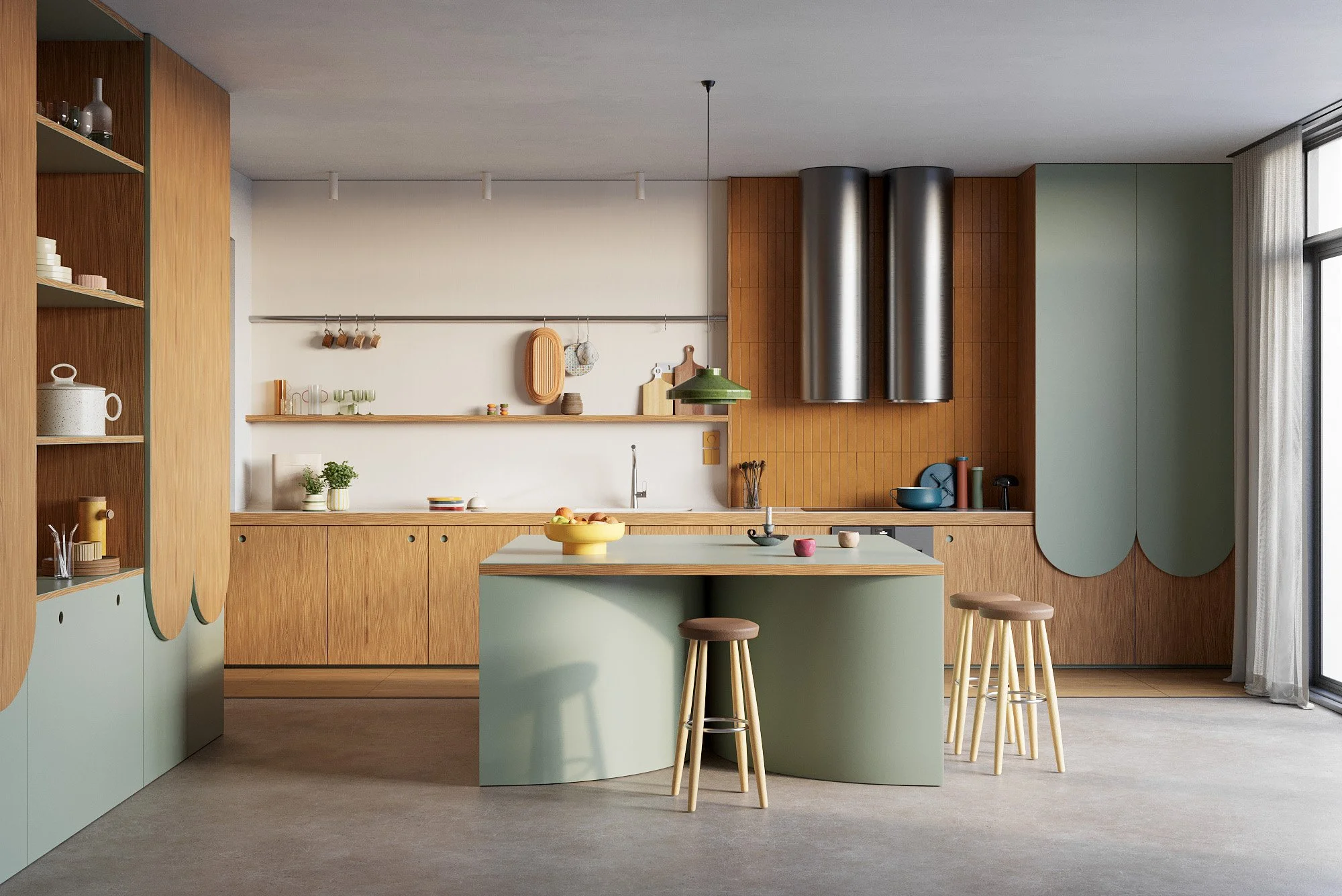Modern kitchen with light green and wooden cabinetry, a kitchen island with matching green base, stools, open shelves, and large windows with curtains.