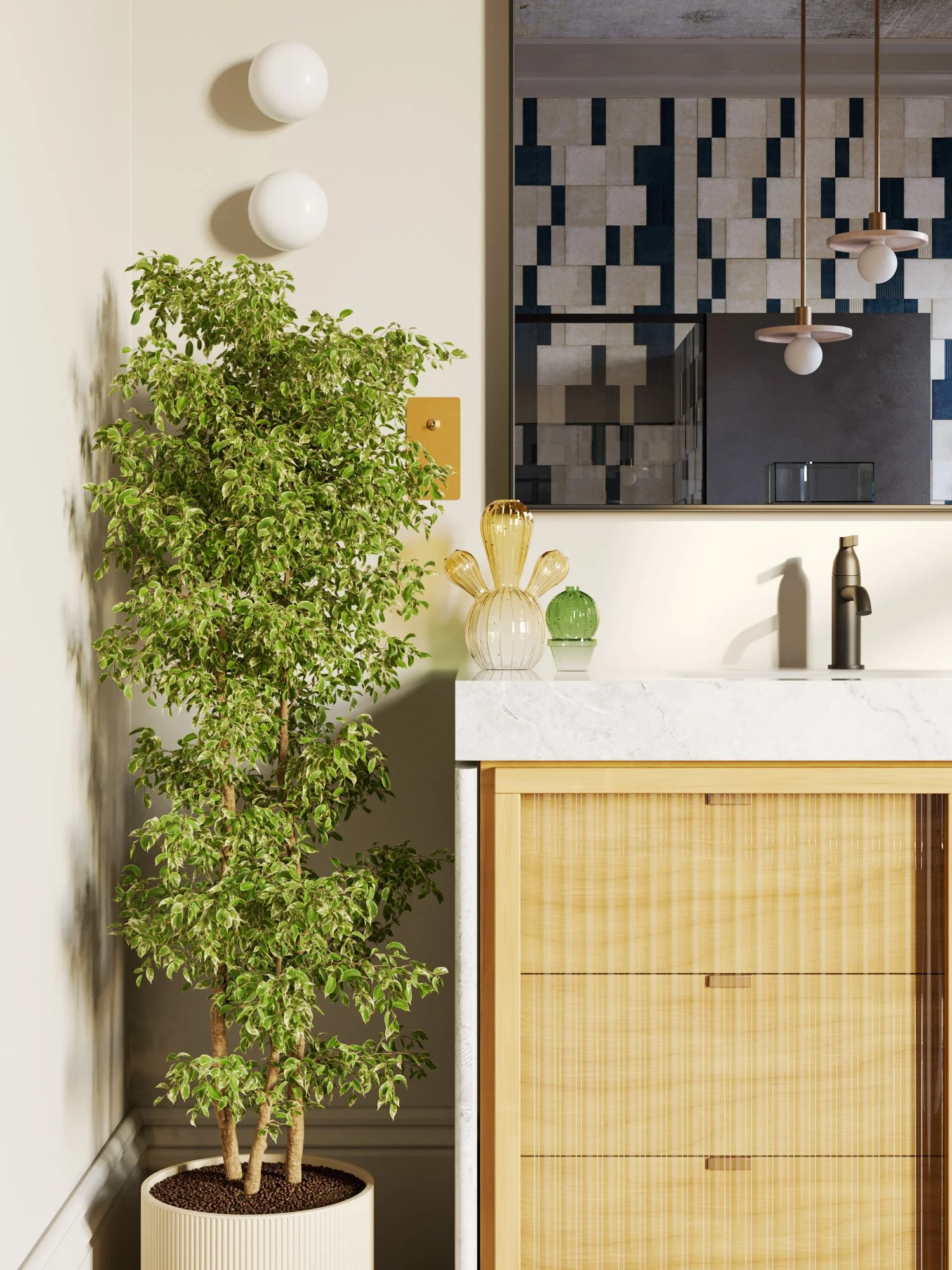 Interior in a modern home featuring a tall green potted plant in a white pot, decorative glass vases, a marble countertop, and a wall with geometric tile design. Ceiling light fixtures are also visible.