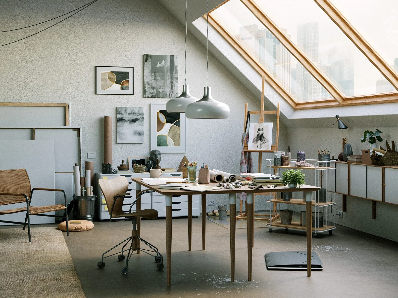 An art studio with a large sloped skylight, wooden furniture, and various art supplies and artwork on the walls and tables.