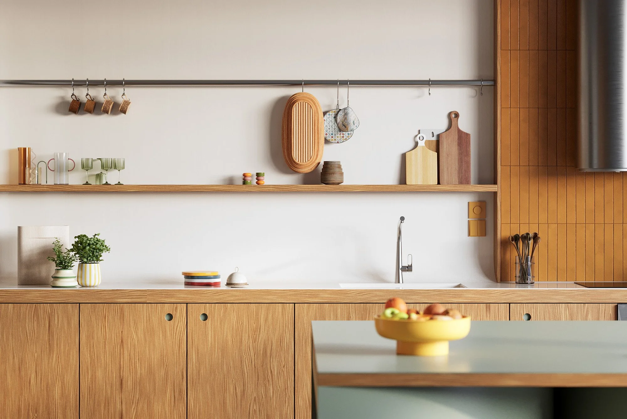 Modern kitchen with wooden cabinetry, open shelves holding glasses, bowls, cutting boards, and decorative items, a white wall, and a yellow fruit bowl on the counter.