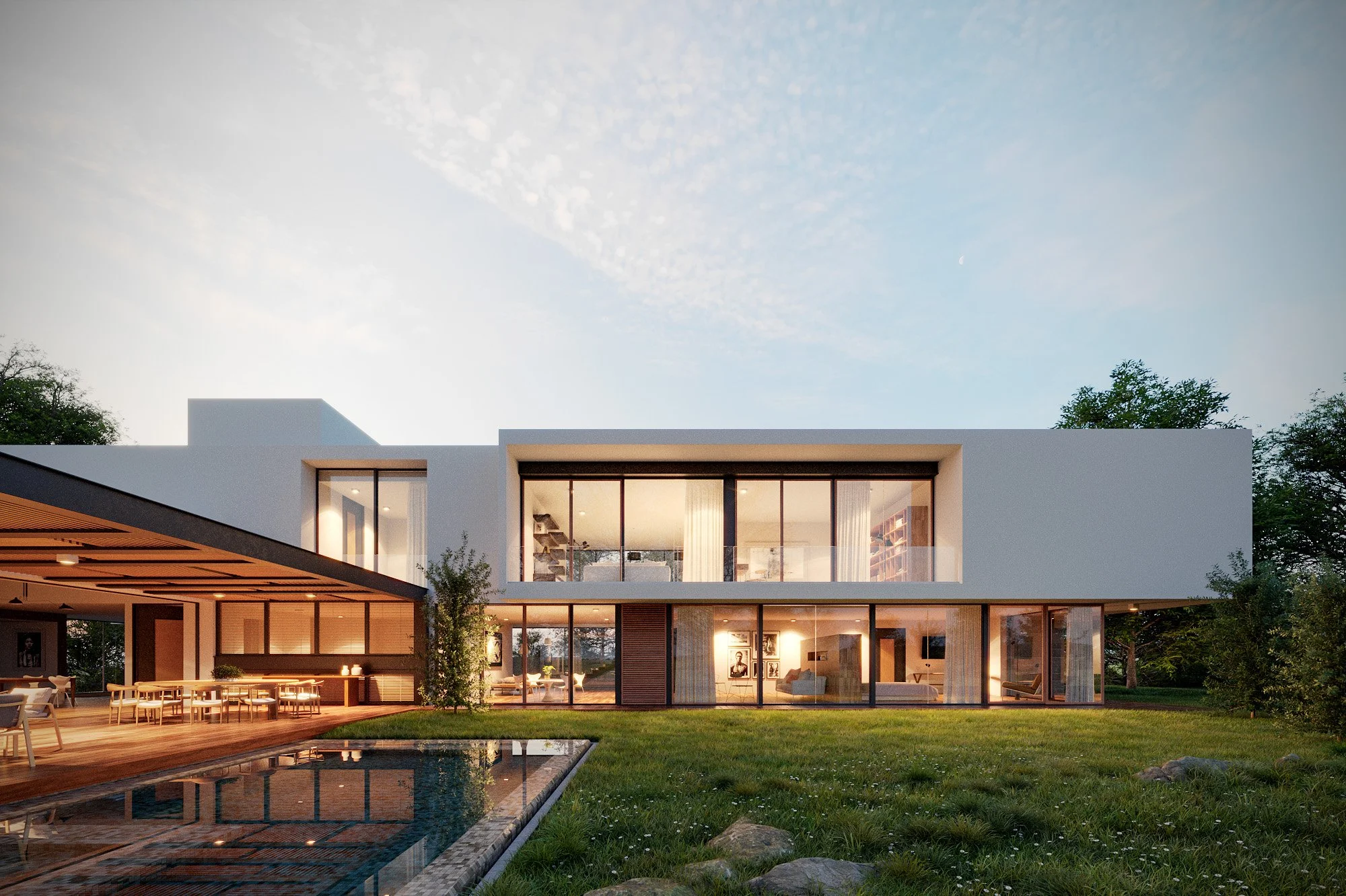Modern two-story house with large glass windows, outdoor patio area, and swimming pool, surrounded by greenery during twilight.