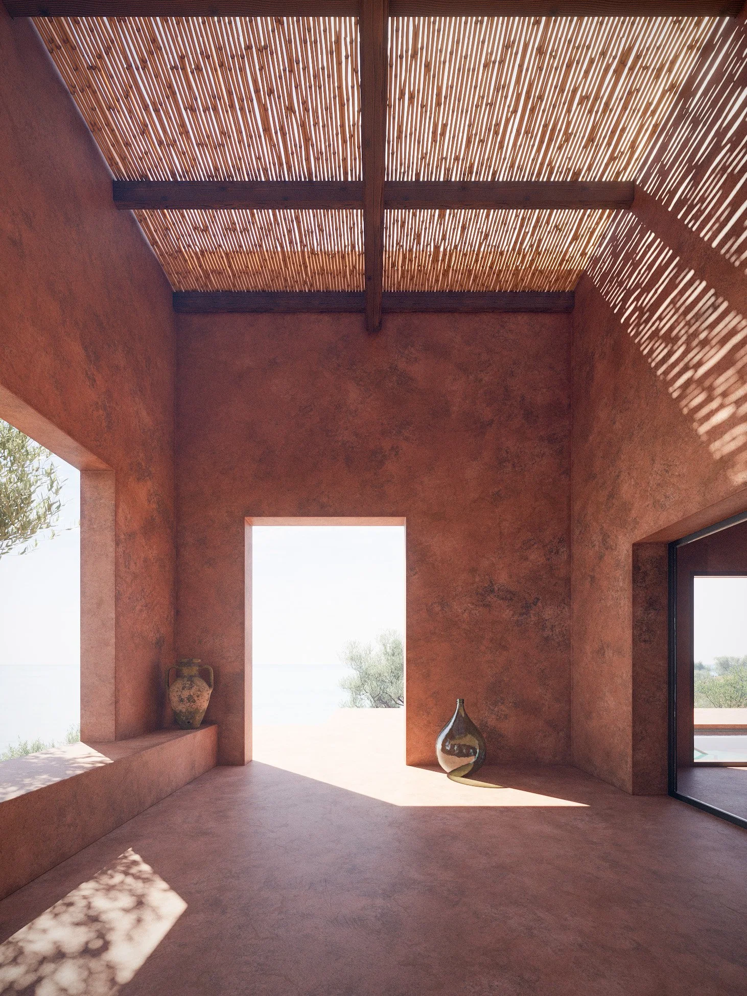 Minimalist room with terracotta-colored walls, open doorway leading outside, and a slatted bamboo ceiling casting shadows. Two decorative vases are placed on the floor and built-in ledge near the left wall.