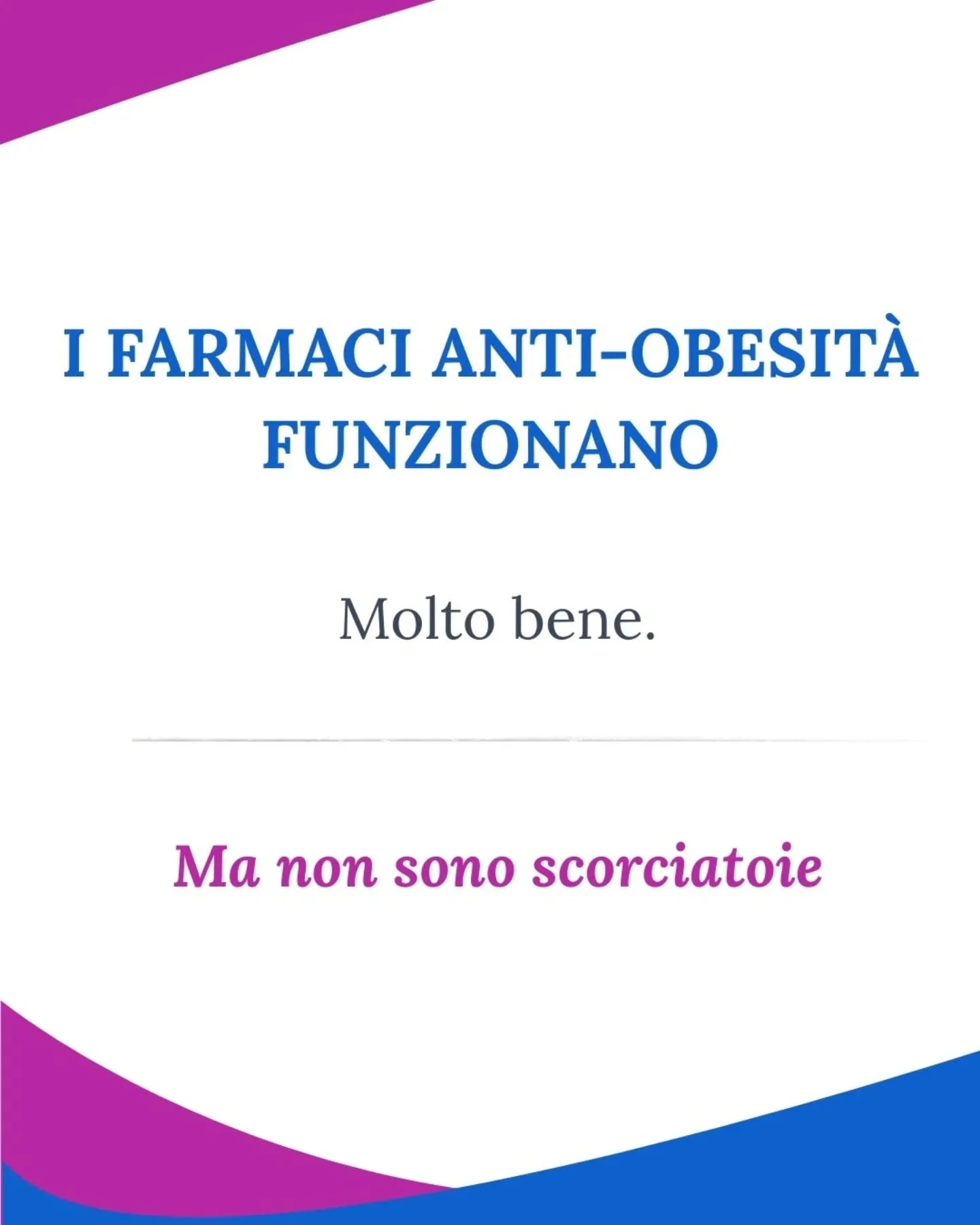 La terapia farmacologica dell&rsquo;obesit&agrave; non &egrave; una scorciatoia.
&Egrave; uno strumento terapeutico, inserito oggi a pieno titolo nella cura di una patologia cronica complessa.

Agisce sui meccanismi biologici che regolano fame, sazie