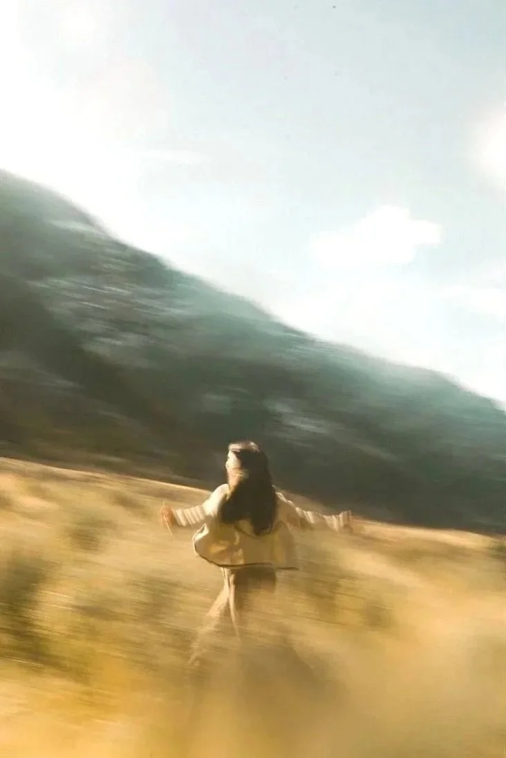 Une personne marche dans un champ avec des montagnes en arrière-plan, ciel partiellement nuageux.