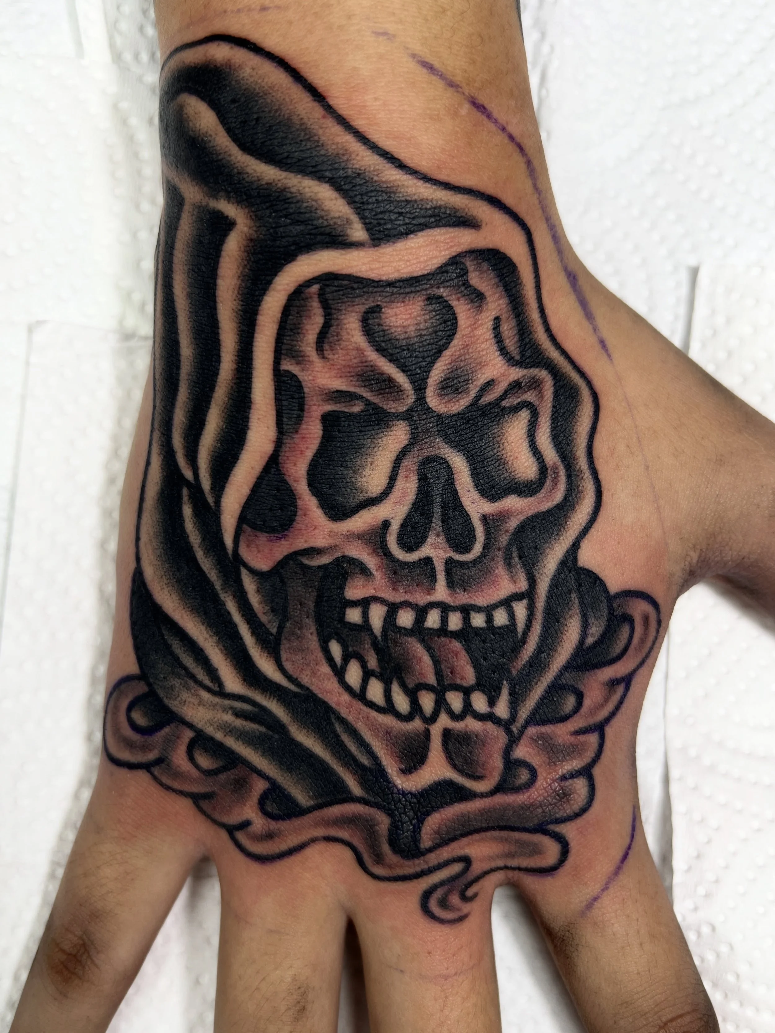 My first hand tat. What better than a reaper 😎 
Black and Grey or colors!! Dm me or ☎️ 8783 7523 @timetattooco