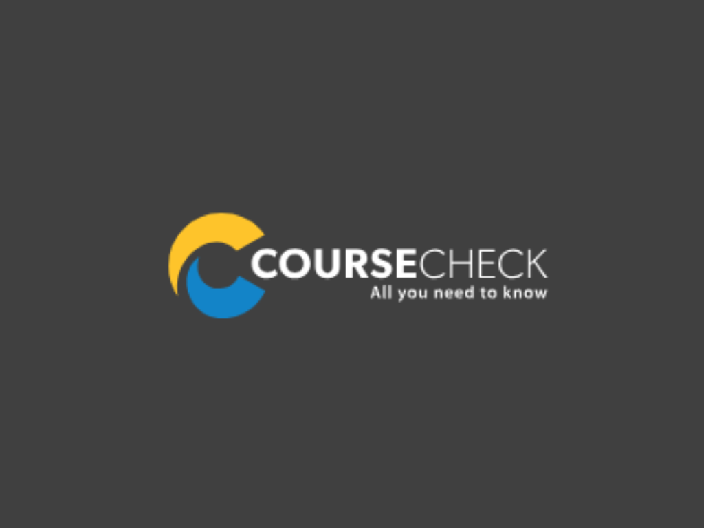 CourseCheck logo with a yellow and blue circular design and the tagline "All you need to know" on a dark background.