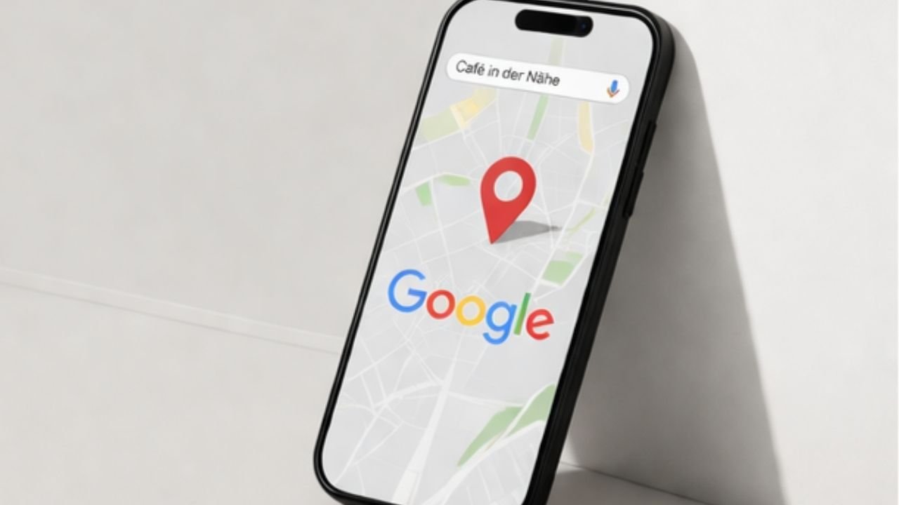 Ein Smartphone zeigt eine Google Maps Karte mit einem roten Standortmarkierer und einer Suchleiste mit dem Text 'Café in der Nähe'. | mls lume