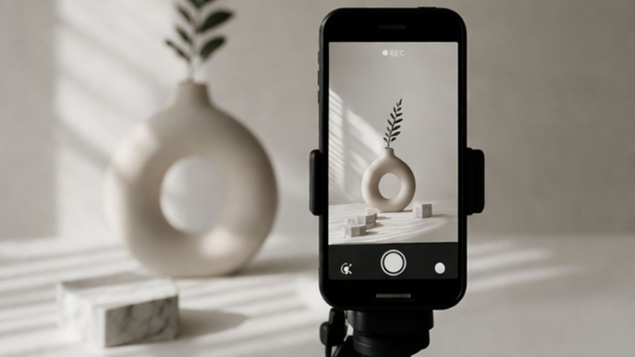 Smartphone auf Stativ fotografiert eine schlichte weiße Vase mit einem grünen Zweig, der in der Vase steckt, während das Bild auf dem Bildschirm des Telefons sichtbar ist. | mls lume