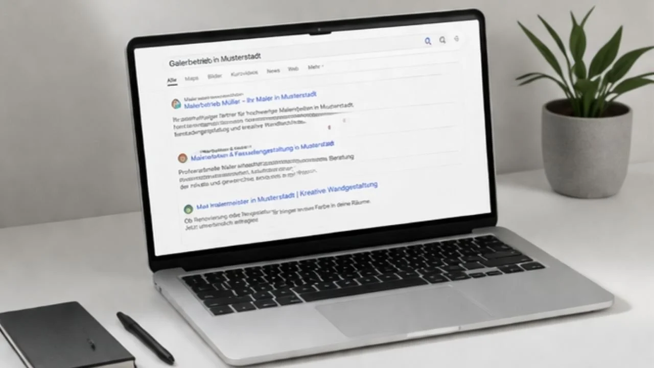 Ein Laptop mit Suchergebnissen auf Deutsch, neben einer schwarzen Notizbuch und einem schwarzen Stift, auf einem weißen Schreibtisch, mit einer Topfpflanze im Hintergrund. | mls lume