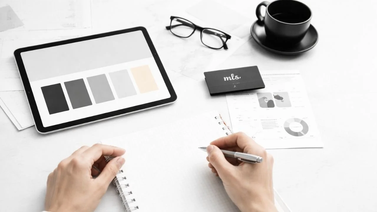 Arbeitsplatz mit Tablet, Gläsern, Brille, Kaffeetasse, Notizblock, Präsentationsmaterial und Farbfächer auf weißem Tisch. | mls lume