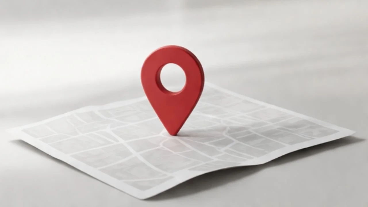 Eine Pappkarte mit Stadtplan und ein roter, 3D-Design-Punk im Zentrum, Beispiel Lokale SEO | mls lume