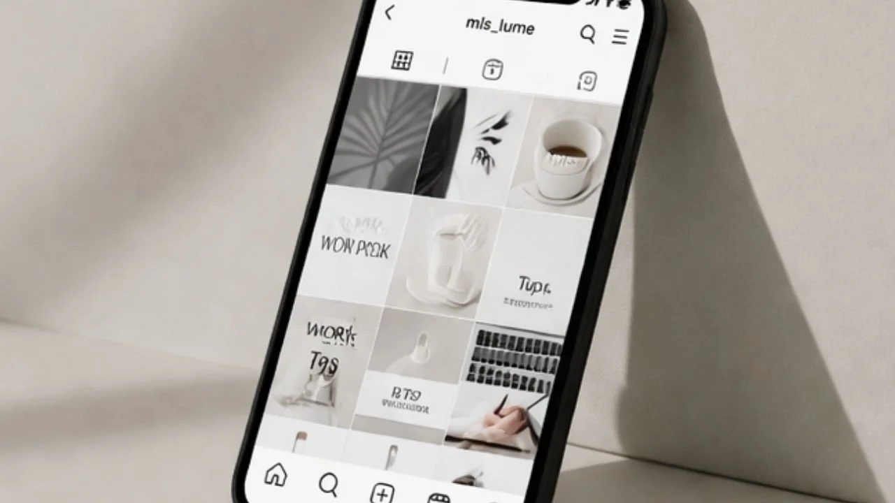 Instagram-Profilbildschirm mit neutralen und schwarzen Fotos, darunter eine Tasse Kaffee, ein Bild mit Text, und andere kreative Bilder, auf einem Smartphone. | mls lume