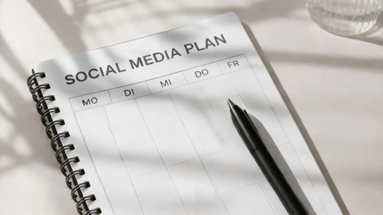 Ein Notizbuch mit der Überschrift 'Social Media Plan' liegt auf einem Tisch, daneben ein Kugelschreiber. | mls lume