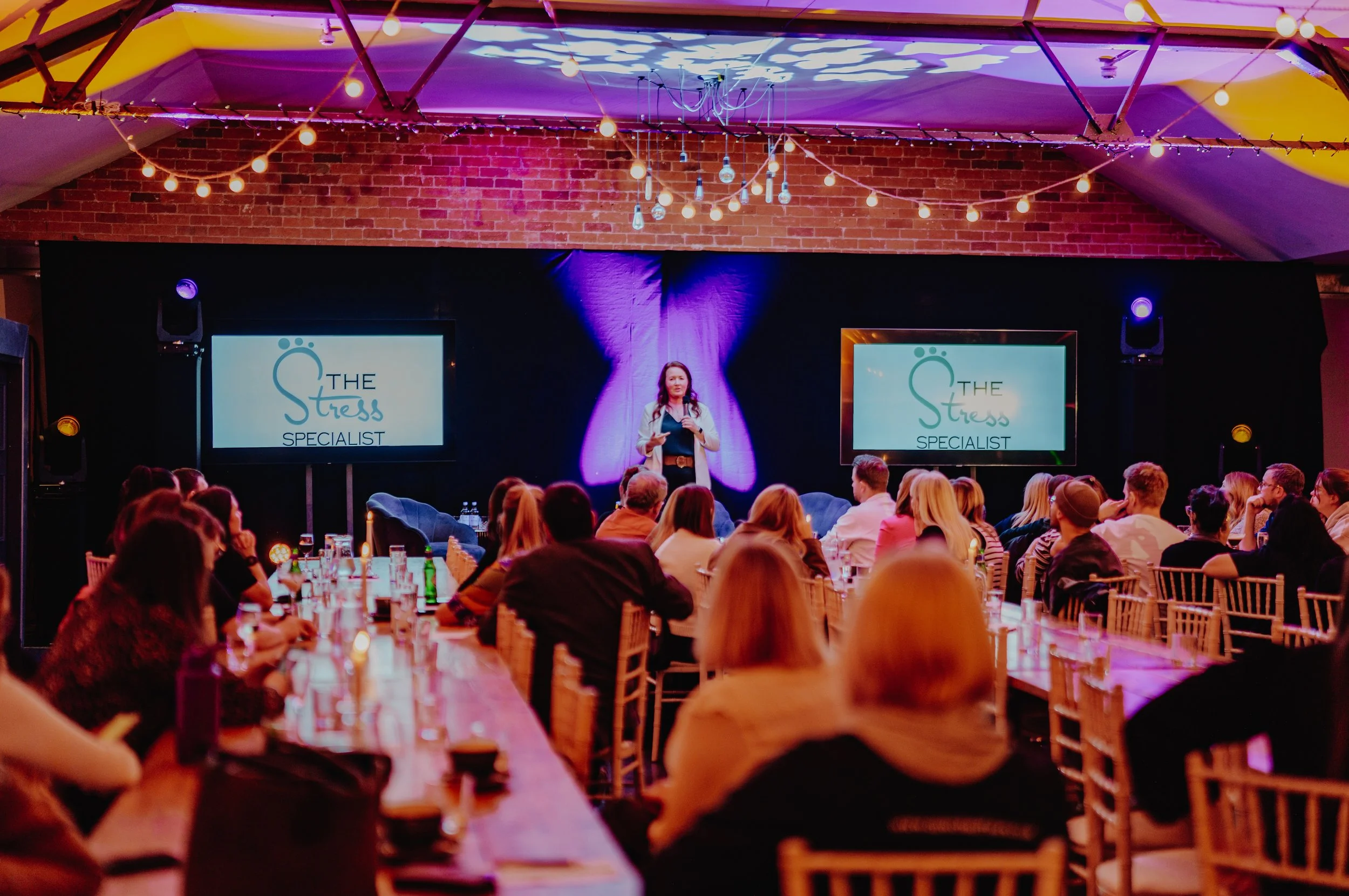 A woman with curly red hair, holding a microphone stood on a stage in front of a crowd of seated people delivering a talk.  Two screens behind her with the company logo of The Stress Specialist on them. 