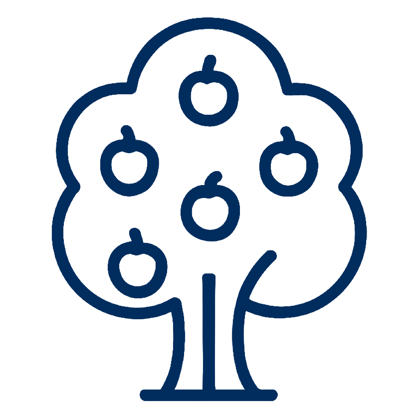 Grafische Illustration eines Baums mit Äpfeln.