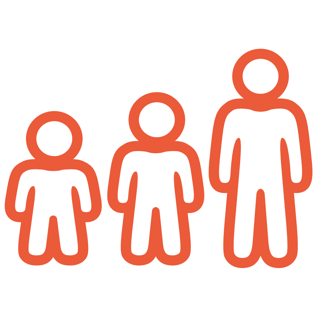 Drei stilisierte Personensymbole in unterschiedlicher Größe, die eine Alters- oder Größenentwicklung darstellen.