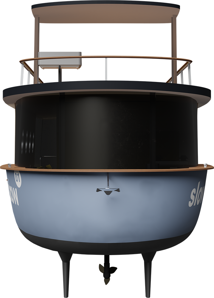 Ein Boot mit mehreren Decks, darunter eine obere Beobachtungsebene und eine untere sichere Kabine, gekennzeichnet mit der Aufschrift 'star'.