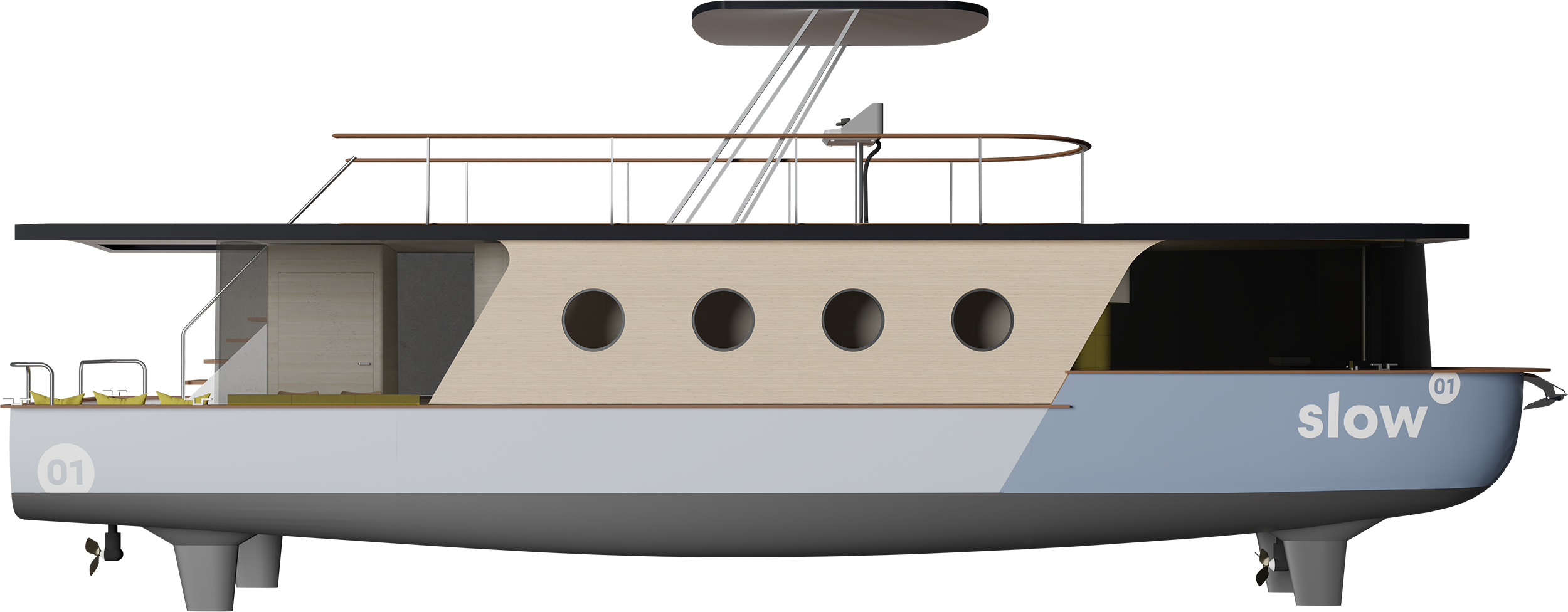 Modell eines Segelboots namens "slow", mit weißem Rumpf, einem beige gestrichenen Oberdeck mit runden Fensteröffnungen und einem oberen Deck mit Geländer und Steg.