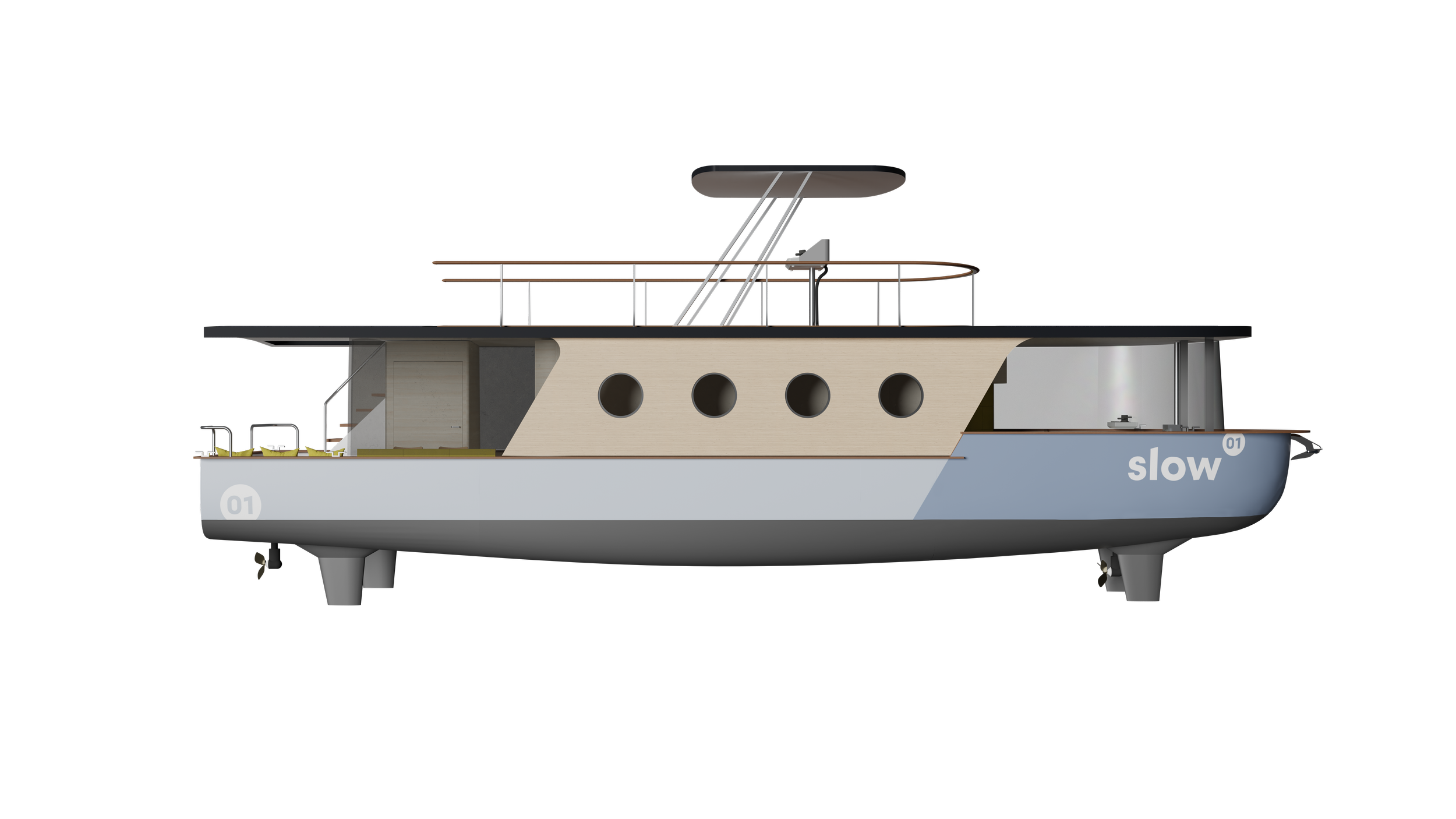 Ein modernes Segel- oder Motorboot mit einem schlanken Design, grauem unteren Rumpf, beige Oberdeck mit runden Fensteröffnungen, einem Oberdeck mit einem Steuerstand und einer Dachkonstruktion, die das Verdeck schützt. Auf der Seite steht das Wort 'slow'.