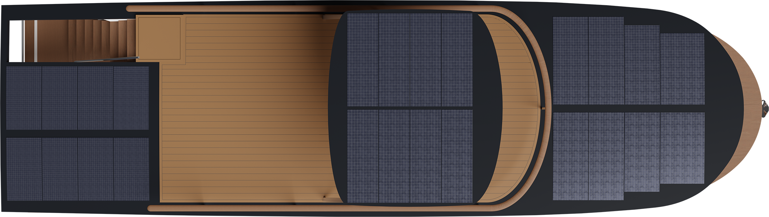 Luftaufnahme eines mittelgroßen Innenraum mit vielen solarbetriebenen Sonnenkollektoren. Der Boden ist mit Holz ausgelegt, oben links geht eine Treppe nach oben. Unten rechts sind kleine Geräte oder Gegenstände auf dem Boden zu sehen.