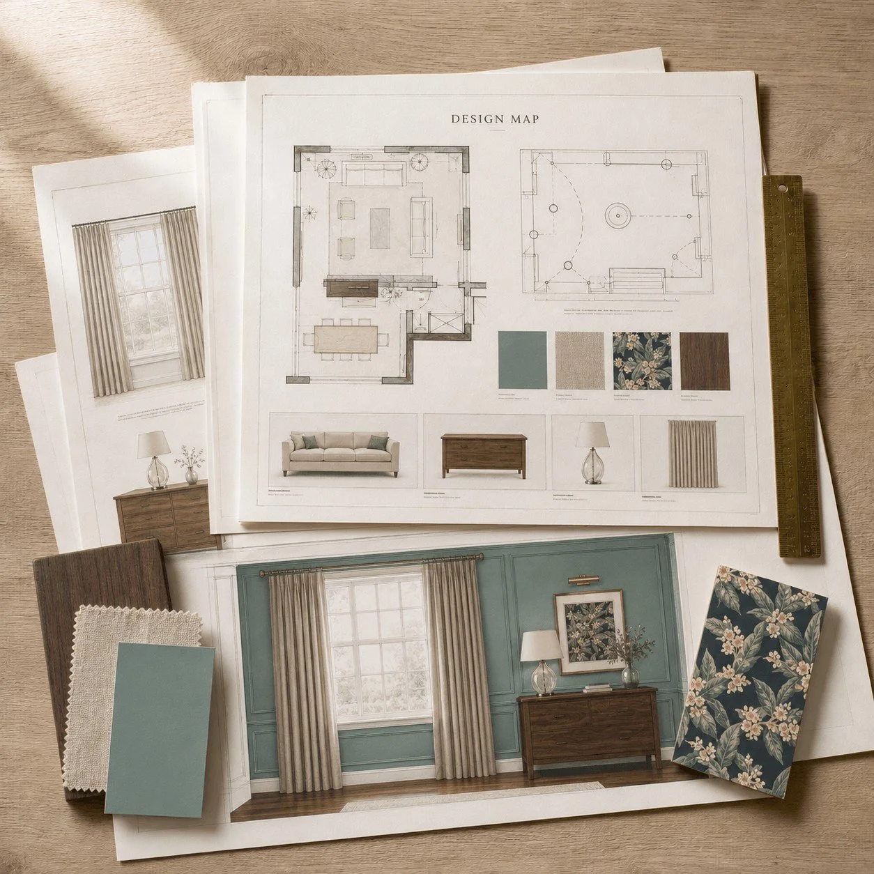 Design plan for home interior with furniture samples, fabric swatches, and curtain fabric options on a wooden surface.