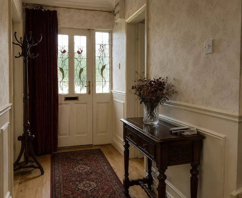 Hallway with front door with stained glass and floral design, dark red curtain on the window, a wooden table with a glass vase of dried flowers, a pile of newspapers, a patterned rug, and a coat rack.