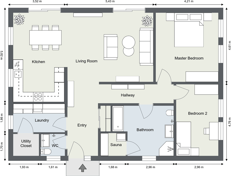 Floor plan of a house with labeled rooms: kitchen, living room, master bedroom, bedroom 2, bathroom, sauna, entry, laundry, utility closet, WC, and hallway. Dimensions are included for each area.
