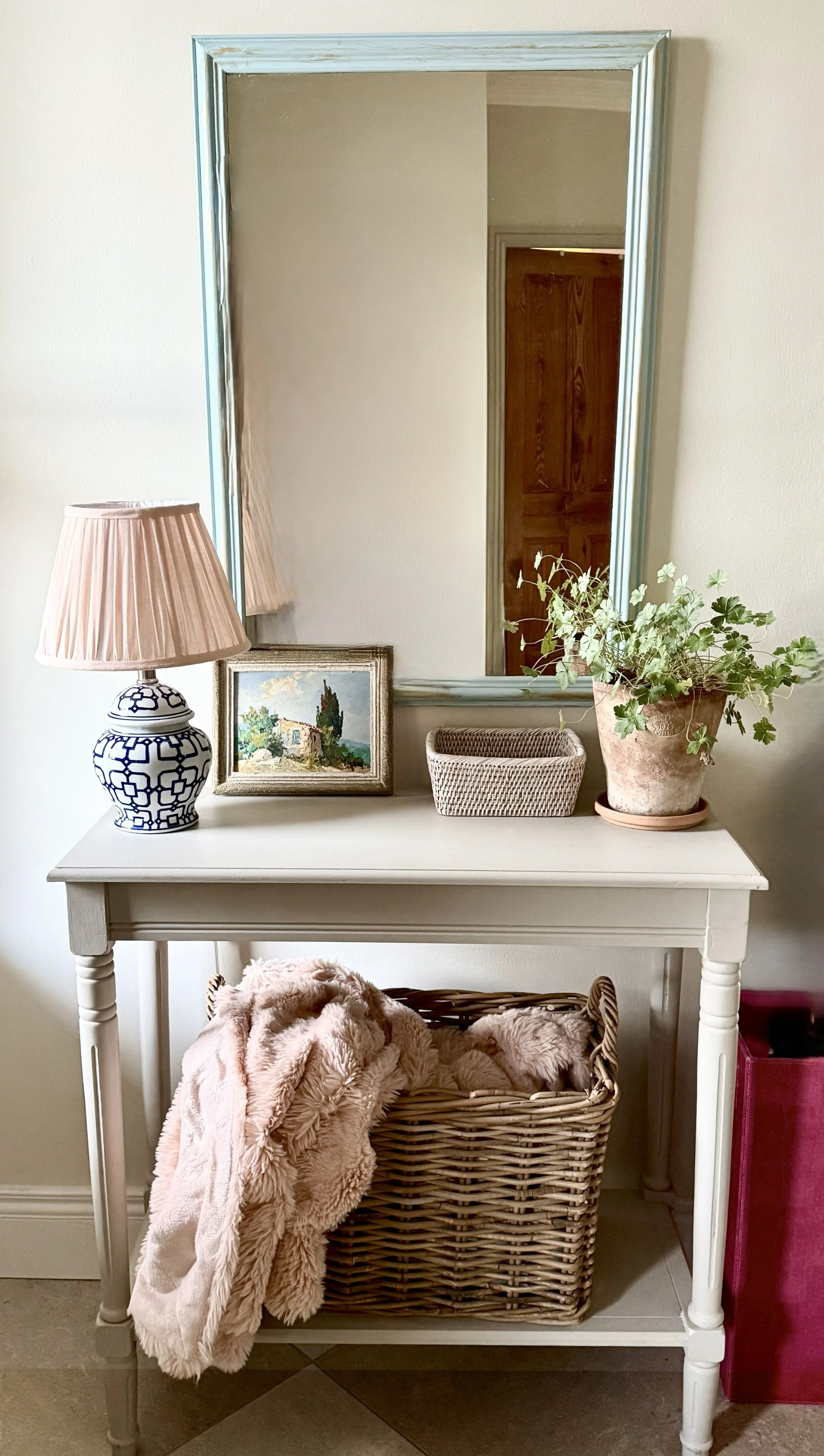 Kilkenny hallway with neutral colours and blue and pink accents