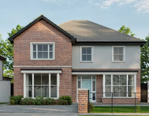 Two-story house with brick and light gray siding, with large windows on both floors, a front porch with a porch railing, and a small front lawn.