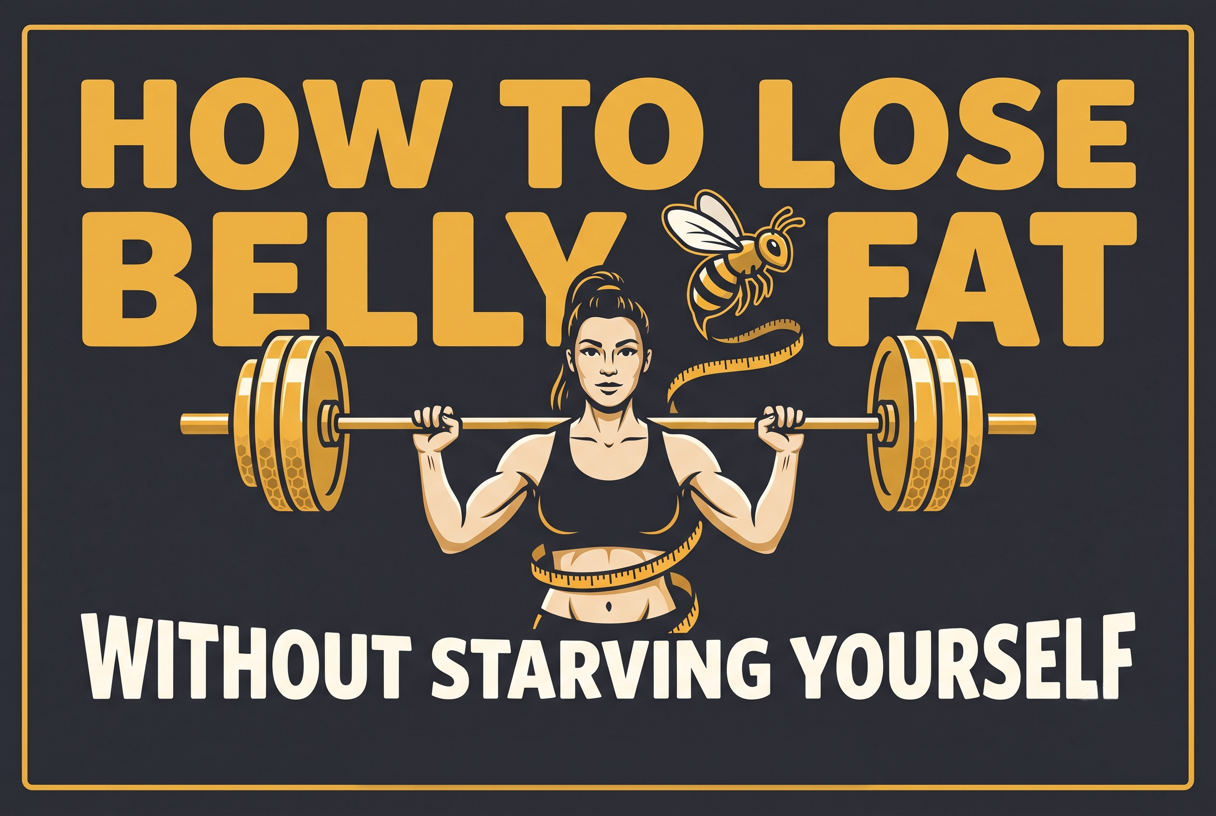 A motivational sign with large yellow text saying 'How to lose belly fat without starving yourself,' featuring a woman lifting a barbell and a bee, with a measuring tape around her waist, on a dark background.
