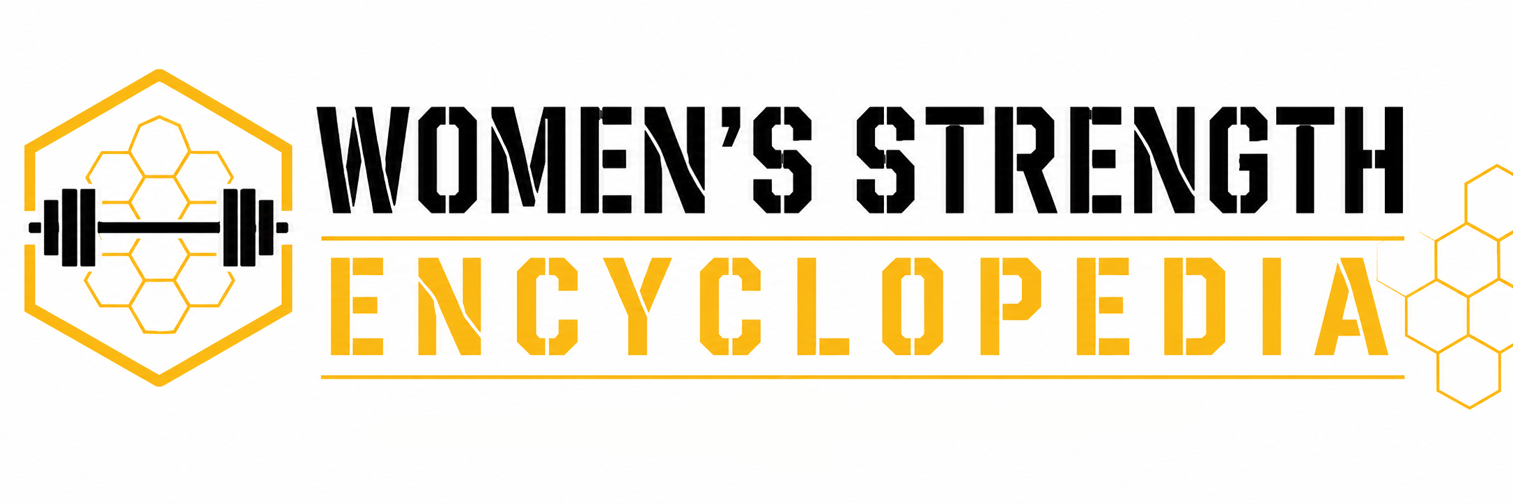 Women's strength encyclopedia logo with hexagon and barbell design in black and yellow.