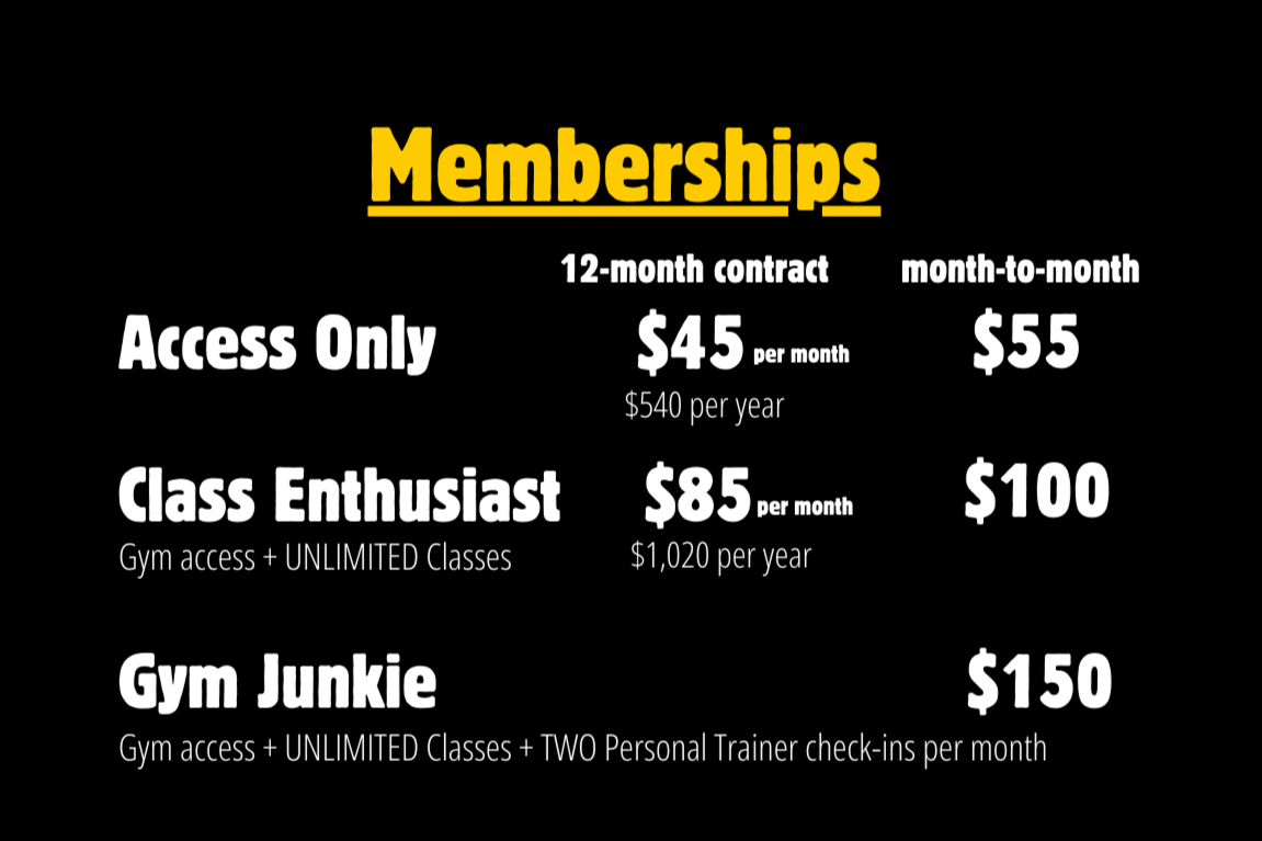 Fitness club membership pricing options with three tiers: Access Only, Class Enthusiast, and Gym Junkie, listed with monthly and yearly rates.