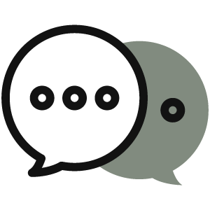 Two speech bubbles, one black with three dots and one gray with a single dot.
