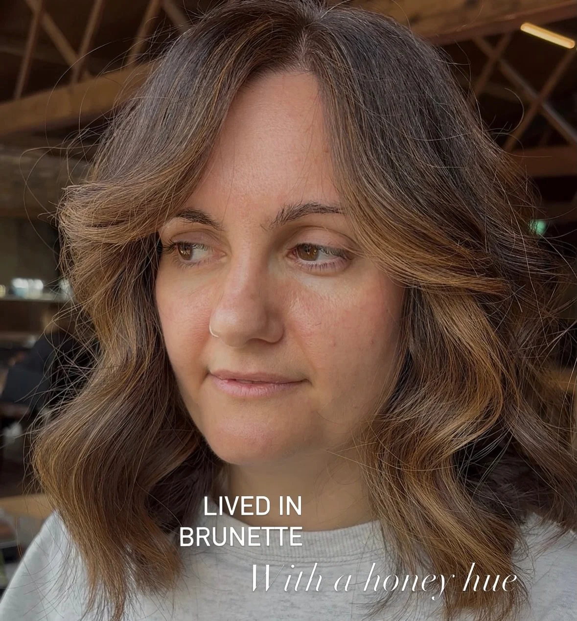 Because Brunettes don&rsquo;t have to be boring&hellip;..

This lived in brunette with a honey hue was created to be a soft &amp; seamless grow out, low maintenance whilst blending some greys coming through.

Just because your brunette and you see so